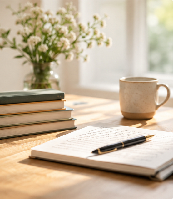 An open book and writing tools on a desk